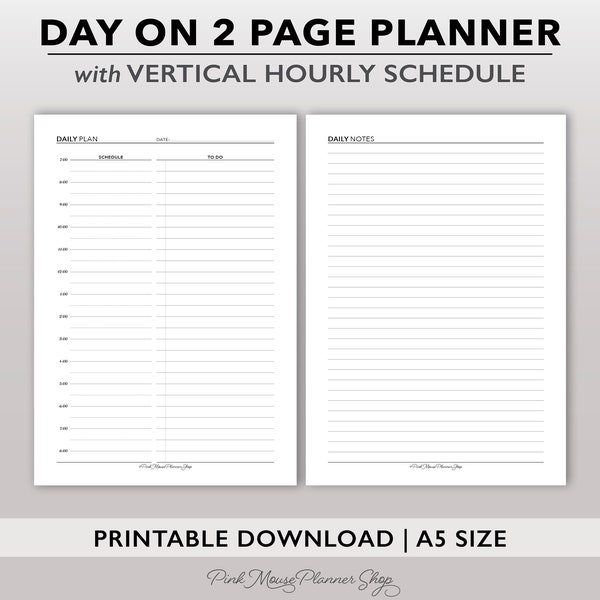 Two Page per Day Daily Planner Printable for A5, Day on 2 Page Planner Insert, Undated Daily Planner Template, Appointment Schedule PDF