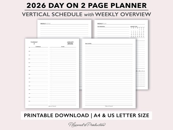 2026 Two Page per Day Daily Planner Printable w/ Weekly Overview & Notes, Day on 2 Page Planner Insert, Do2P Dated Daily Planner PDF