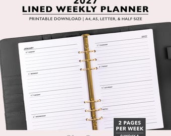 2027 Lined Weekly Planner, Two Pages per Week Template, Printable PDF files for A4 | A5 | Letter & Half Size, Instant Digital Download
