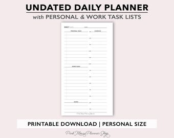 Programme quotidien avec listes de travail et de tâches personnelles, encart d'agenda imprimable jour par page, non daté, modèle d'agenda quotidien de la FMH au format personnel