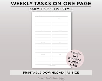 Printable One Page Weekly To Do List, Weekly Tasks, Daily Checklist, Productivity Planner Template, A5 Planner Insert for Home or Office PDF