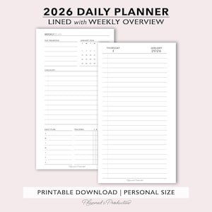 2026 Lined Daily Planner Inserts w/ Weekly Overview, Dated Day per Page Printable Planner, DO1P Planner Page, Personal Size Daily Agenda PDF