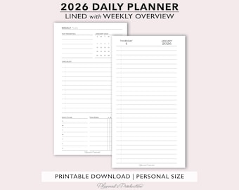 2026 Lined Daily Planner Inserts w/ Weekly Overview, Dated Day per Page Printable Planner, DO1P Planner Page, Personal Size Daily Agenda PDF