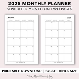 2025 Monthly Planner Printable with Lined Pages on Back, Small Monthly Calendar Template, Pocket Size Planner Inserts PDF, Pocket Rings MO2P