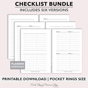 May include: Six printable checklist templates in a bundle. The checklist pages are designed for use in a pocket-sized planner.