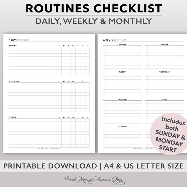 Routine Checklist Printable Planner Insert, Daily Routine Page, Weekly Routine Insert, Morning Routine Tracker, Recurring Chore Checklist