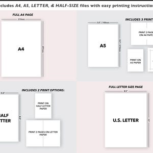 May include: Diagram showing printable paper sizes: A4 (210mm x 297mm), A5 (148mm x 210mm), Half Letter (5.5" x 8.5"), and U.S. Letter (8.5" x 11"). Includes print options for A4, A5, and Letter paper. Text includes "Includes A4, A5, LETTER, & HALF-SIZE files with easy printing instructions."