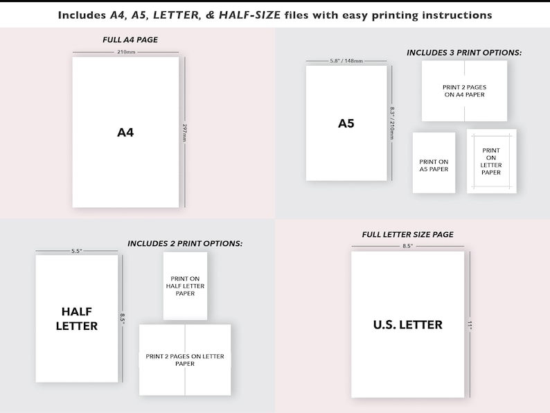 May include: Diagram showing printable paper sizes: A4 (210mm x 297mm), A5 (148mm x 210mm), Half Letter (5.5" x 8.5"), and U.S. Letter (8.5" x 11"). Includes print options for A4, A5, and Letter paper. Text includes "Includes A4, A5, LETTER, & HALF-SIZE files with easy printing instructions."