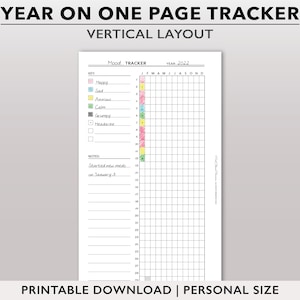 May include: A printable mood tracker for the year 2022. The tracker has a vertical layout with a key for different moods, including happy, sad, anxious, calm, grumpy, and headache. The tracker also includes a notes section. The tracker is designed for personal use.