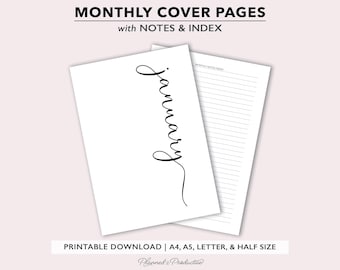 Elegant Script Monthly Cover Pages, Printable PDF files for A4 | A5 | Letter & Half Size planners, Digital Download