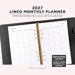 May include: A 2027 lined monthly planner printable download in A4, A5, letter, and half size. The open planner features white pages with black grid lines, a gold six-ring binder mechanism, and a black cover. Text includes 2027 LINED MONTHLY PLANNER.