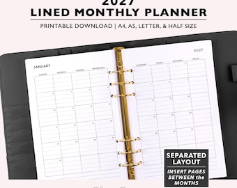 2027 Lined Monthly Planner Insert, Two Page Monthly Calendar, Printable PDF files for A4 | A5 | Letter & Half Size, Digital Download