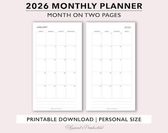 Calendário Mensal Imprimível de 2026, Modelo de Calendário com um Mês em Duas Páginas, Calendário Mensal de Duas Páginas para Agendas de Tamanho Pessoal