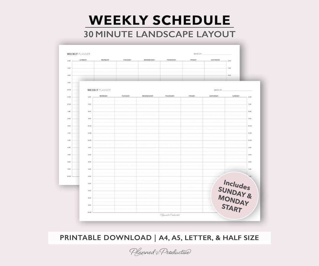 30 Minute Weekly Schedule Planner, Time Block Layout, Printable PDF ...