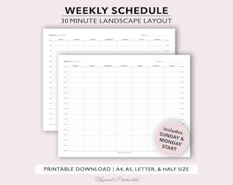 30 Minute Weekly Schedule Planner, Time Block Layout, Printable PDF files for A4 | A5 | Letter & Half Size Planners.