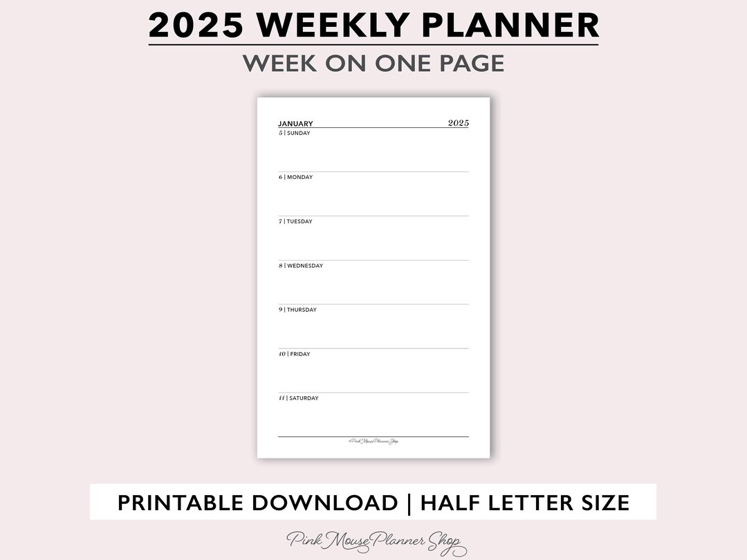 2025 Weekly Planner Printable, Week per Page Agenda, Simple Weekly