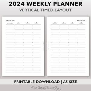 2024 Vertical Weekly Planner Printable, Timed Weekly Planner Insert, Week on 2 Page Planner Template, Hourly Weekly Schedule for A5 Planners
