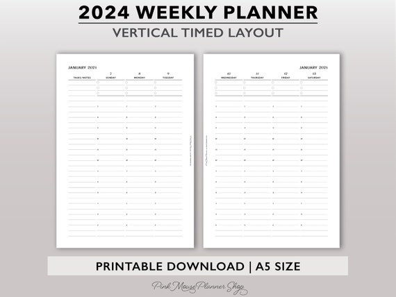 2024 Vertical Weekly Planner Printable, Timed Weekly Planner Insert, Week  on 2 Page Planner Template, Hourly Weekly Schedule for A5 Planners 
