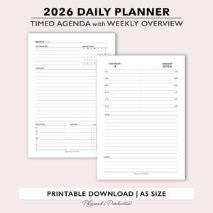 May include: A white 2026 daily planner with a timed agenda and weekly overview. The planner includes sections for weekly plans, daily plans, and tracking. The text "PRINTABLE DOWNLOAD | A5 SIZE" is at the bottom.