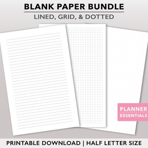 Printable Lined Paper, Printable Dot Grid Paper, Graph Paper Page, Note Paper Planner Inserts, Grid Paper Instant Download, for Journal