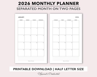 2026 Printable Monthly Planner Inserts, 2026 Monthly Calendar Template, Two Page Monthly Planner for Half Size Ring or Disc Bound Planners