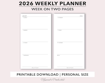 2026 Weekly Planner Printable, Personal Size Weekly Planner, Minimalist Week on 2 Pages Planner Template for Personal Rings, Weekly Agenda