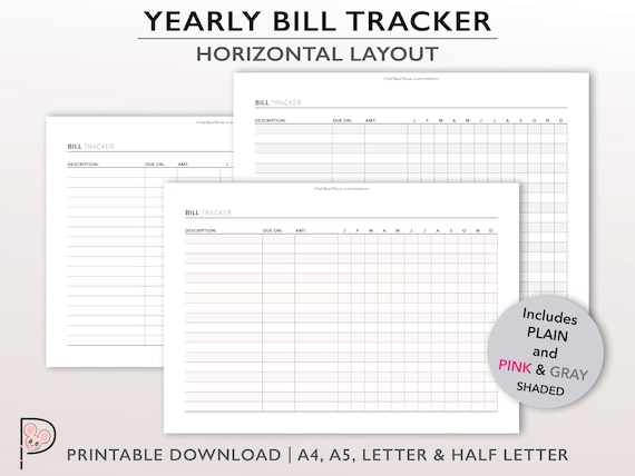 Paper & Party Supplies Printable 7x9 Yearly Bill Tracker Planner Insert ...