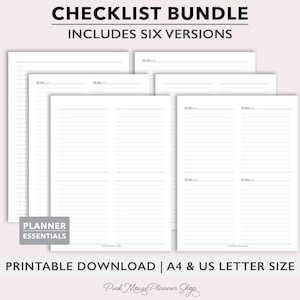 May include: A printable checklist bundle with six different versions. The checklist is designed for A4 and US letter size paper. The text "CHECKLIST BUNDLE" and "INCLUDES SIX VERSIONS" is at the top of the image. The text "PLANNER ESSENTIALS" and "PRINTABLE DOWNLOAD | A4 & US LETTER SIZE" is at the bottom of the image. The text "Pink Mouse Planner Shop" is at the bottom of the image.