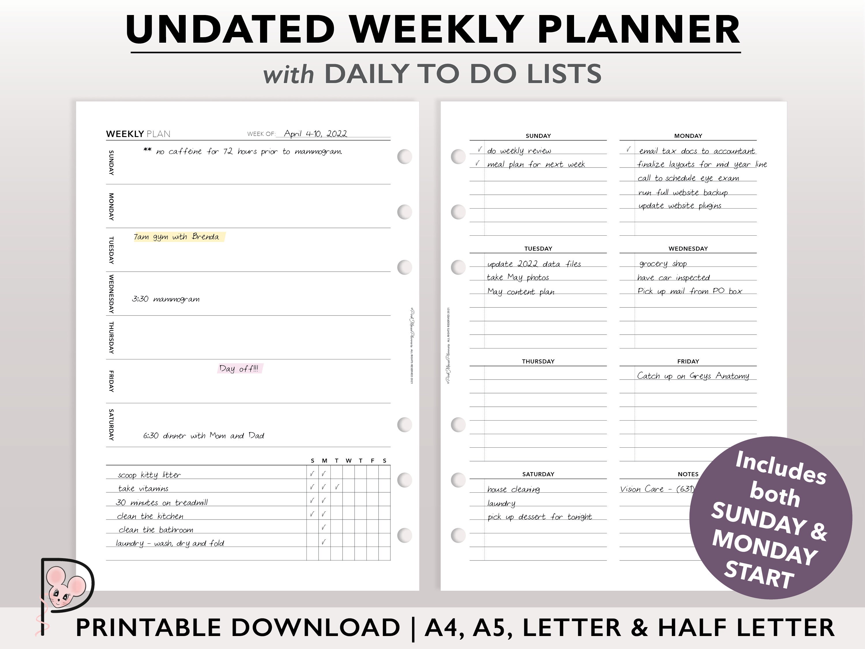Undated Weekly Planner Printable Daily to Do List A4 Planner - Etsy