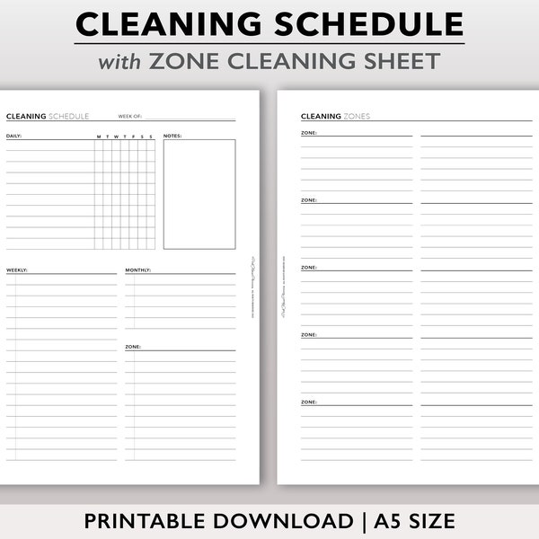 A5 Size Cleaning Schedule Printable, Zone Cleaning Planner Page, Weekly Cleaning Checklist, Simple Home Management Planner Template for A5