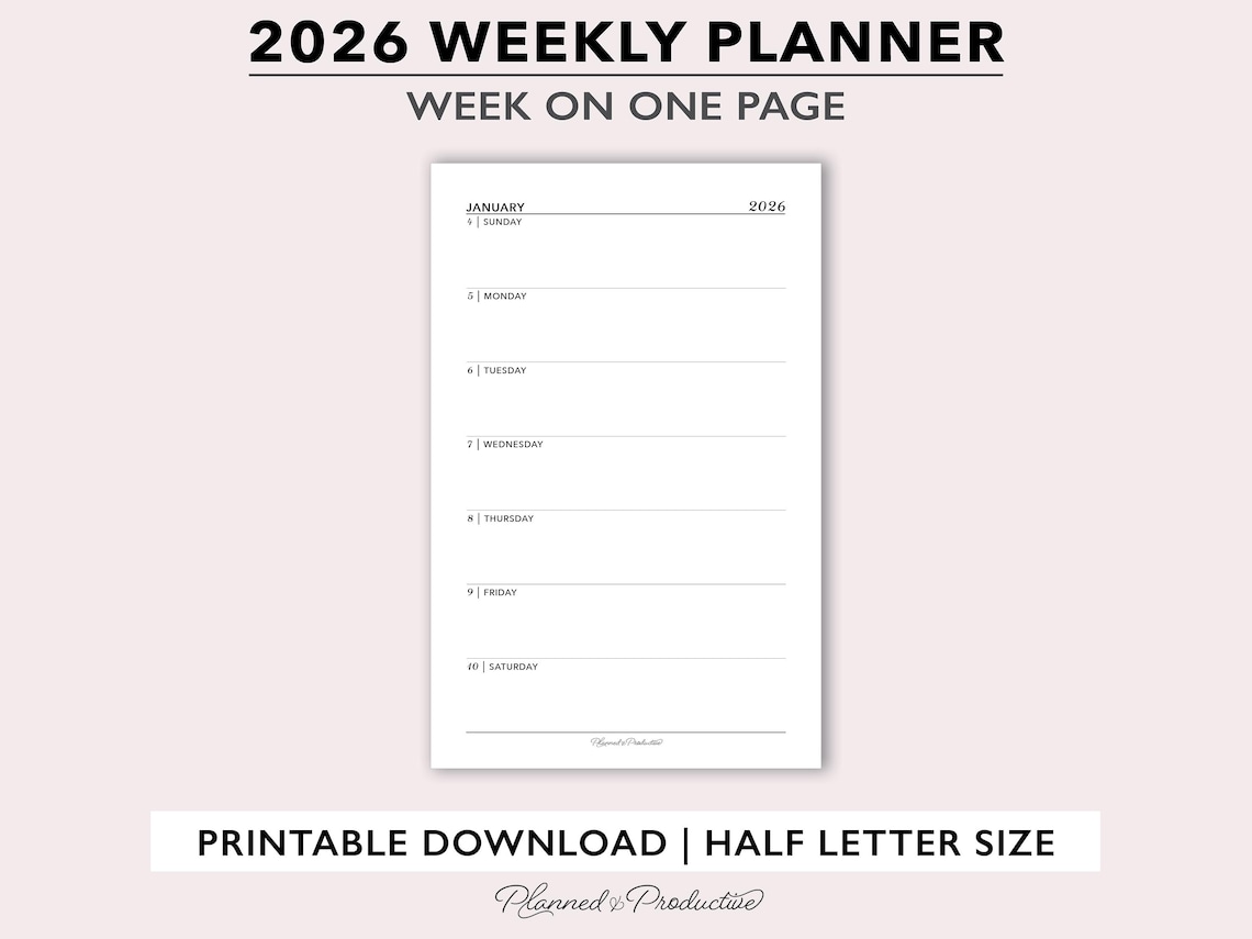 2026 Weekly Planner Printable, Week per Page Agenda, Simple Weekly ...