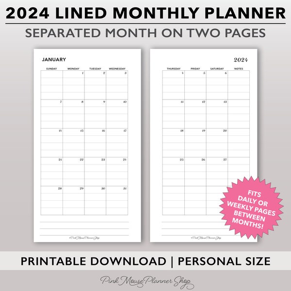 2024 Printable Lined Monthly Planner Inserts, Monthly Calendar Template, Two Page Monthly Insert for Personal Size Planners, MO2P 2 Page PDF