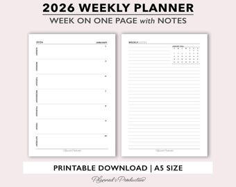 2026 Weekly Planner Printable Insert w/ Weekly Notes, 2026 Weekly Agenda, Week on 2 Page A5 Planner Refill Template, Horizontal Weeks Style