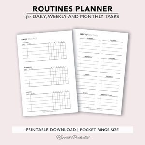 Könnte beinhalten: Zwei weiße, bedruckbare Planerseiten mit dem Text "ROUTINES PLANNER" und "for DAILY, WEEKLY AND MONTHLY TASKS". Eine Seite ist für tägliche Routinen, die andere für wöchentliche Routinen. Der Text "PRINTABLE DOWNLOAD | POCKET RINGS SIZE" ist ebenfalls sichtbar.