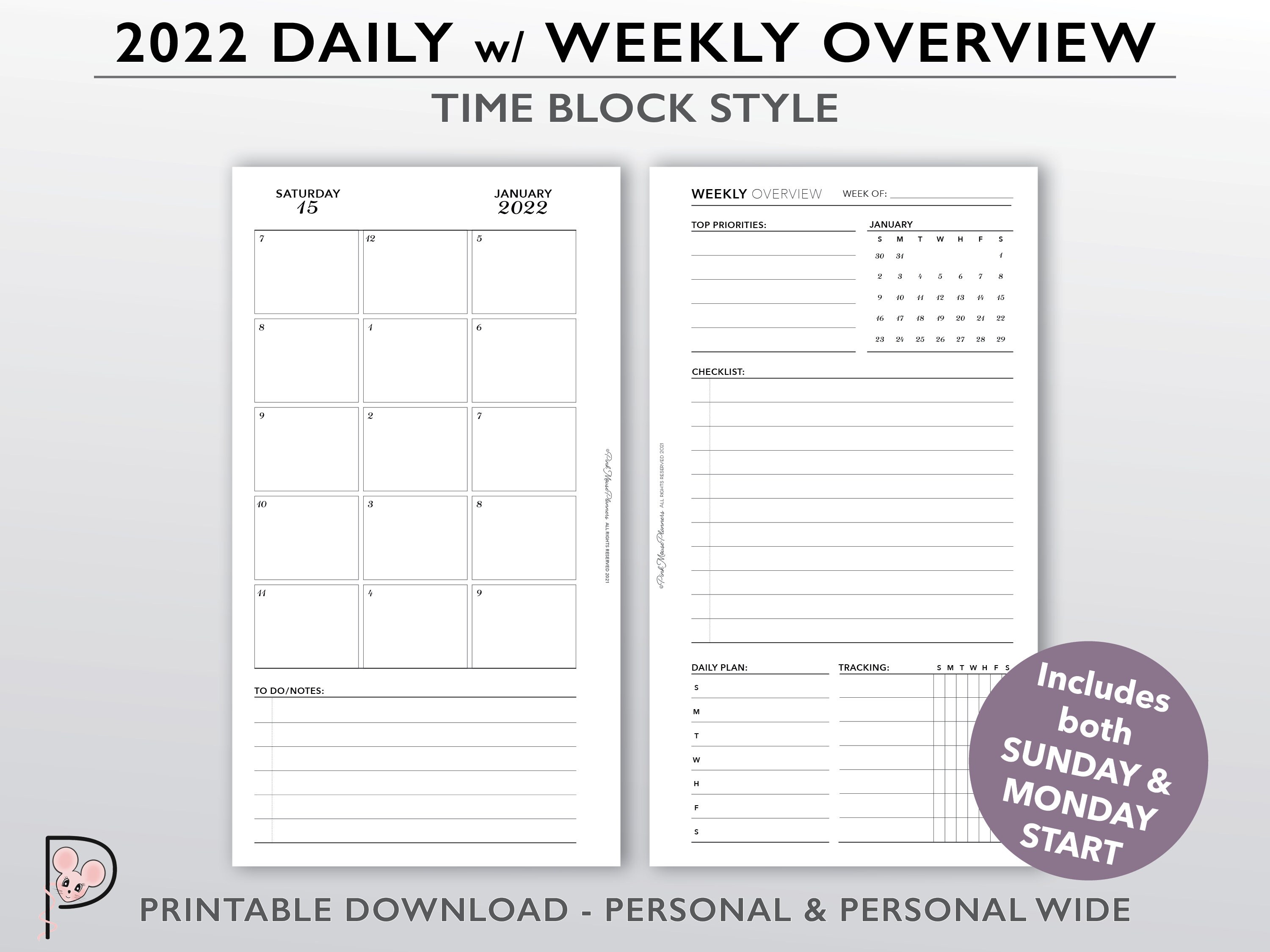 2022 Insert Schedule 2022 Daily Time Blocking Planner W/ Weekly Overview Personal | Etsy Uk