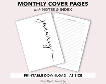 Monthly Cover Pages Printable. Monthly Dashboard Insert, Monthly Index Notes, Planner Dashboard Insert, Script Monthly Planner Insert PDF