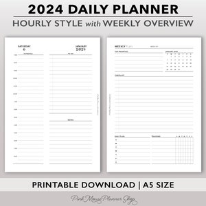 2024 Daily Vertical Timed Planner Inserts w/ Weekly Overview, Day per Page Printable Planner, Daily Appointment Schedule, Planner Template