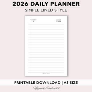 2026 Lined Daily Planner Inserts, Simple Dated Daily Journal, One Day per Page Printable Planner, Minimal A5 Size Daily Agenda Refill