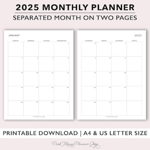 2025 Inserciones de planificador mensual imprimibles, plantilla de calendario mensual de tamaño completo, inserto de planificador mensual de dos páginas para planificadores de cartas y A4 de EE. UU. PDF