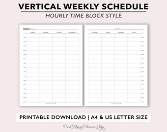 Two Page Weekly Planner Printable, Time Block Planner Insert, Hourly Planner Page, Undated Vertical Weekly Calendar, Weekly Schedule Planner