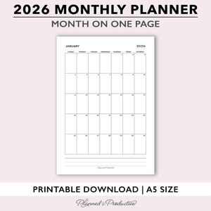 Può includere: Un pianificatore mensile stampabile del 2026 con un layout di un mese per pagina. Il pianificatore è in formato A5 e presenta un design semplice e pulito con sfondo bianco e testo nero. La parola "Gennaio" è in cima alla pagina.