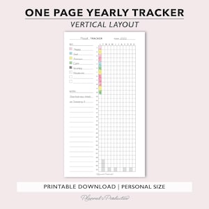 May include: A white printable yearly mood tracker with a vertical layout. The tracker includes a key for different moods, a grid for each month, and space for notes. Text at the top reads "ONE PAGE YEARLY TRACKER" and "VERTICAL LAYOUT".