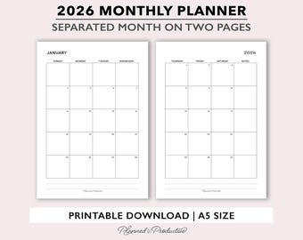 2026 Printable Monthly Planner Inserts, 2026 Monthly Calendar Refill, Two Page A5 Monthly Planner Template for A5 Planners, MO2P Spread