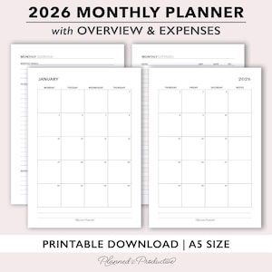Puede incluir: Un planificador mensual imprimible de 2026 con resumen y gastos. El planificador incluye calendarios mensuales, un resumen mensual y espacio para notas. El texto "PRINTABLE DOWNLOAD | A5 SIZE" se muestra en la parte inferior.
