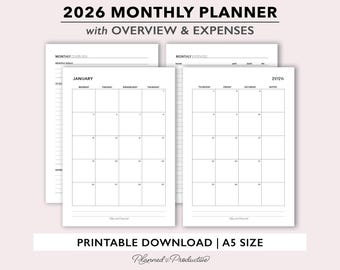 2026 Monthly Printable Planner Inserts, Month on 2 Pages w/ Overview and Expense Tracker, Two Page Monthly Calendar Template for A5 Planners