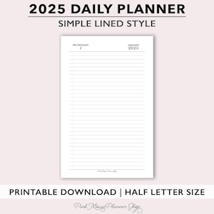 2025 Inserciones de planificador diario forrado, Diario diario con fecha simple, Planificador imprimible de un día por página, Recarga de agenda diaria mínima de tamaño medio PDF