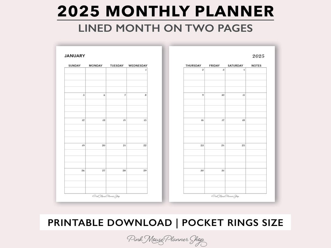 2025 lined monthly planner printable month on 2 pages small simple