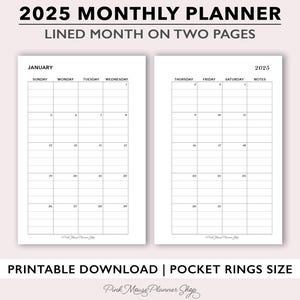 2025 Lined Monthly Planner Printable Month on 2 Pages, Small Simple Monthly Calendar Page, Pocket Size Planner Template for Pocket Rings PDF