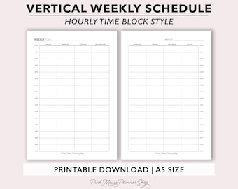 Two Page Weekly Planner Printable, Time Block Planner Insert, Hourly Organizer, Undated Vertical Weekly Calendar, A5 Weekly Schedule Planner