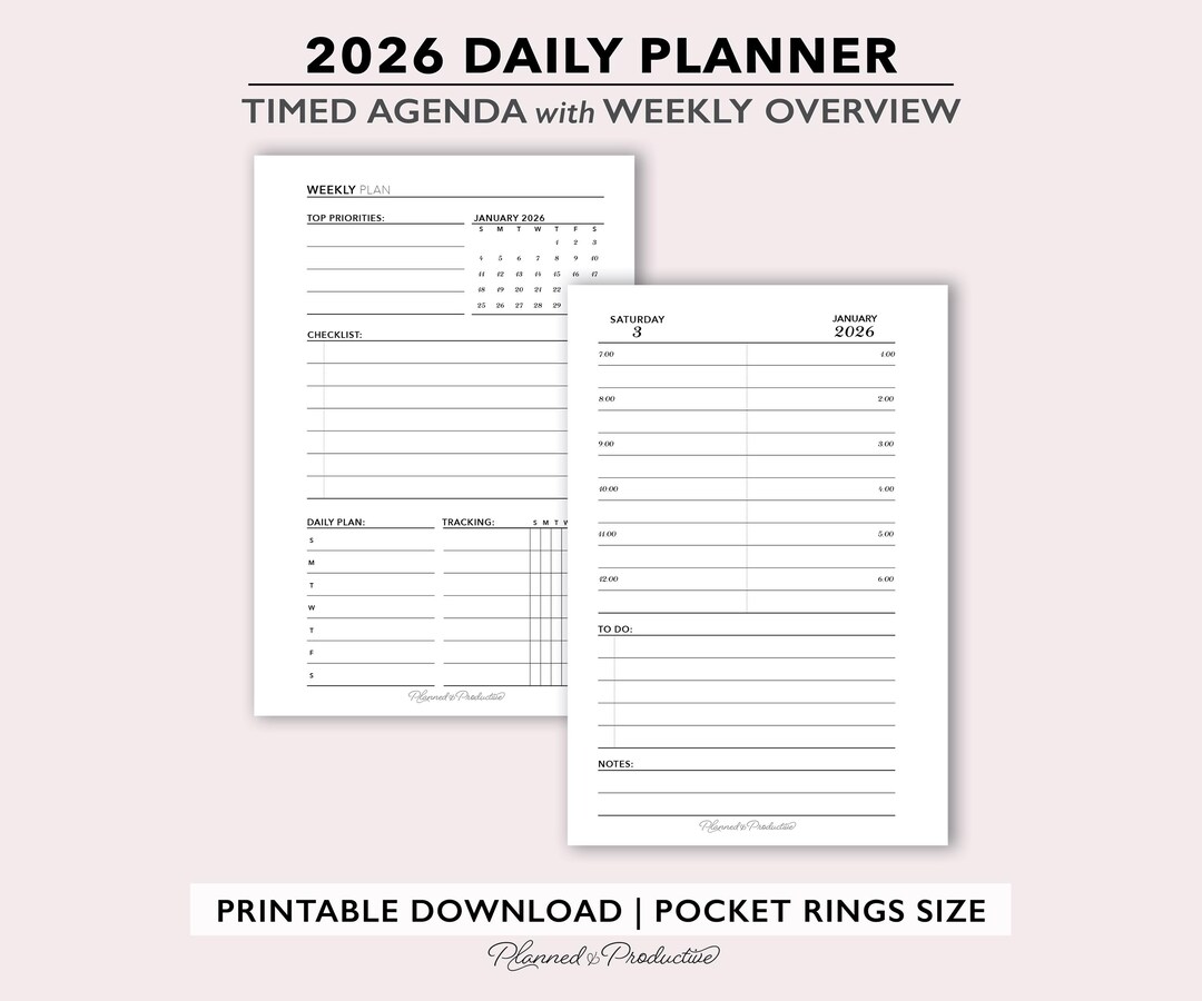 2026 Daily Timed Planner Printable W/ Weekly Overview, Pocket Size ...